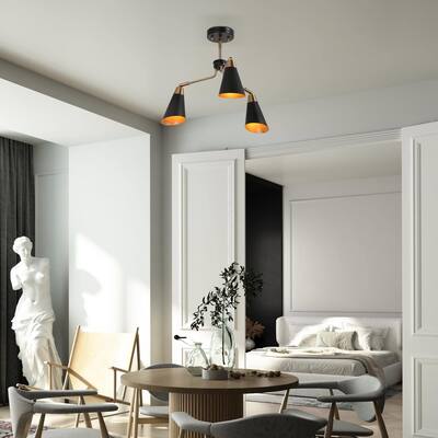 Modern Industrial Black Gold 3-Light Metal Sputnik Semi-Flush Mount Ceiling Light for kitchen