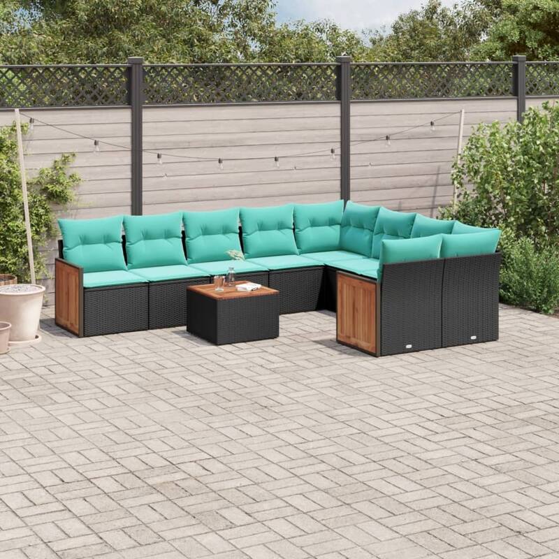vidaXL 9/10 Piece Patio Sofa Set with Cushions Black/Gray Poly Rattan - 24.4 x 24.4 x 27.2 - Black With table