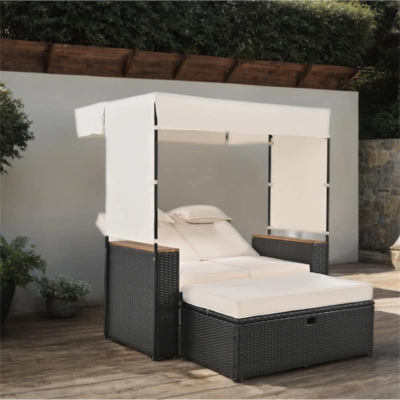 2 Piece Outdoor Rattan Daybed with 5 Positions,Bench and Cushions