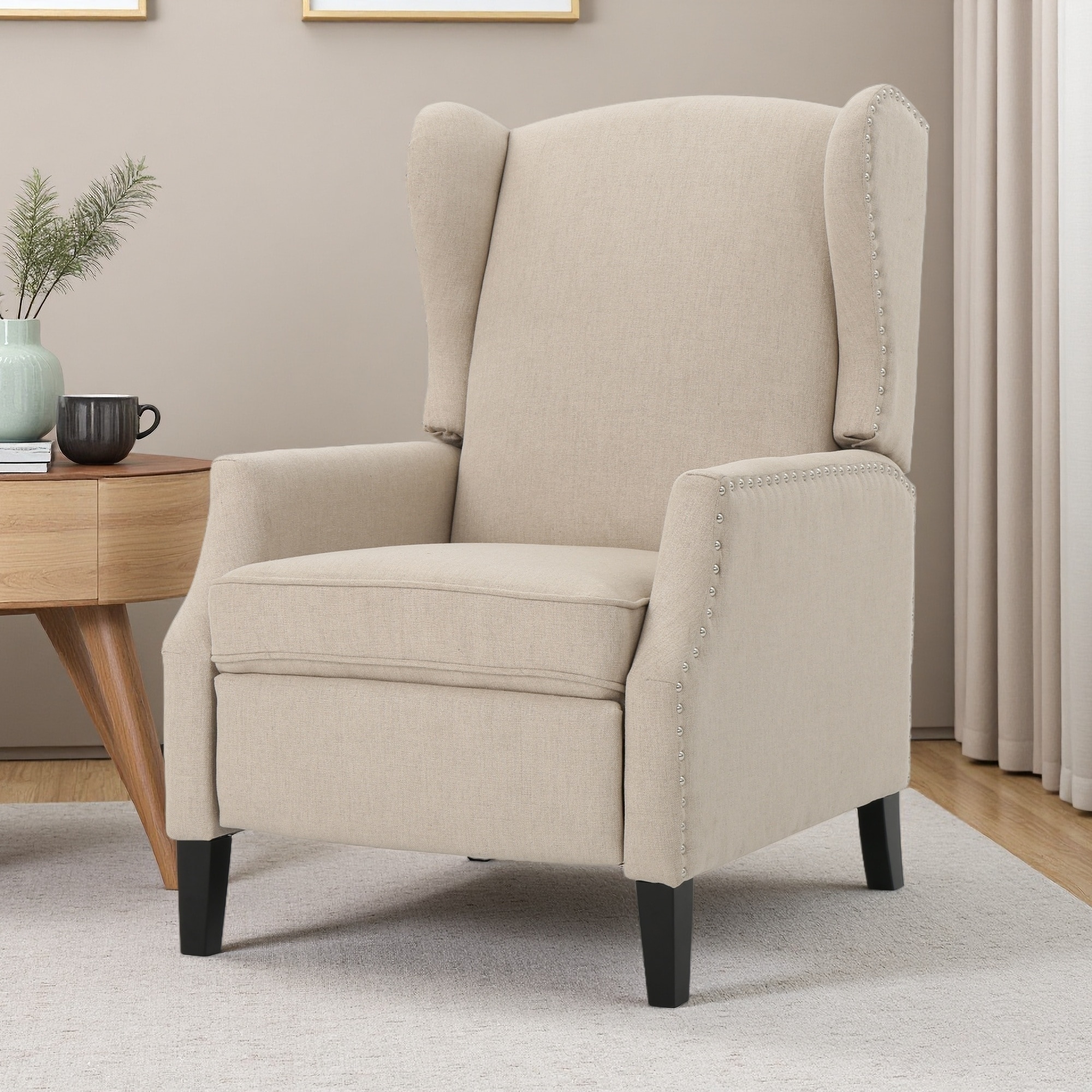 Fabric Wingback Push-Back Recliner Chair with Nailhead Trim & Birch Legs