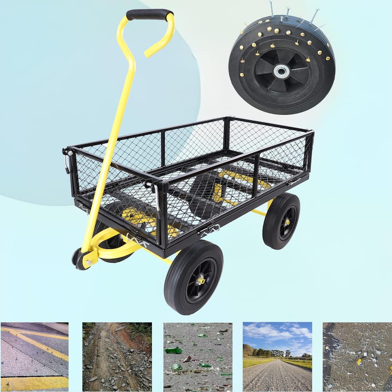 Heavy-Duty Solid Wheel Utility Cart - Firewood & Garden Hauler, Black & Yellow