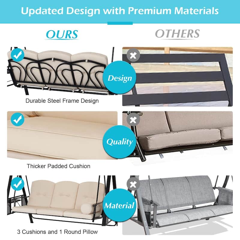 AECOJOY 3-Seat Porch Swing Chair, Patio Swing Chair w/ Cushions