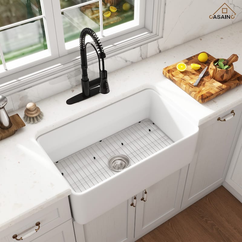 Premium Fireclay Farmhouse/Apron-Front Single Bowl Kitchen Sink with 3-Function Pull-Down Kitchen Faucet Combo