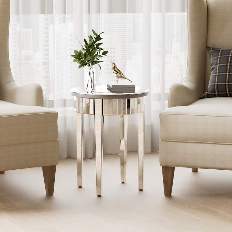 Round Silver Nightstand Coffee End Table Mirrored - 18" W x 24" H