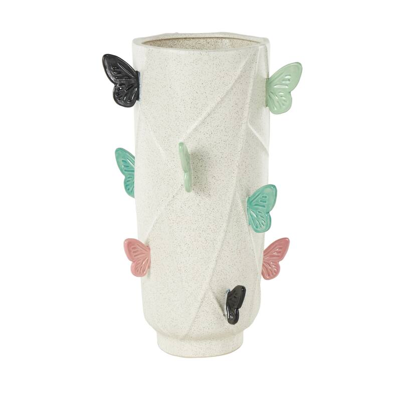 White Ceramic Wide Butterfly Decorative Vase with Multicolor Accents