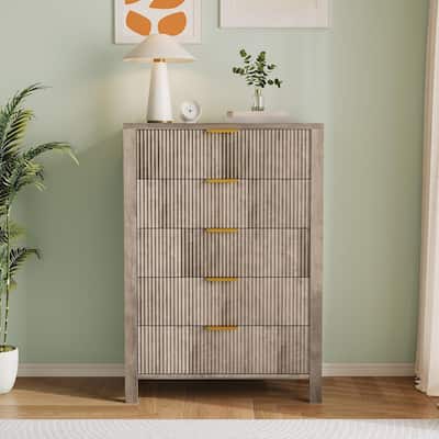 Fluted 5 Drawer Dresser, 45 Inch Tall Slim Dresser for Small Spaces, Modern Farmhouse Wooden Chest of Drawers for Bedroom