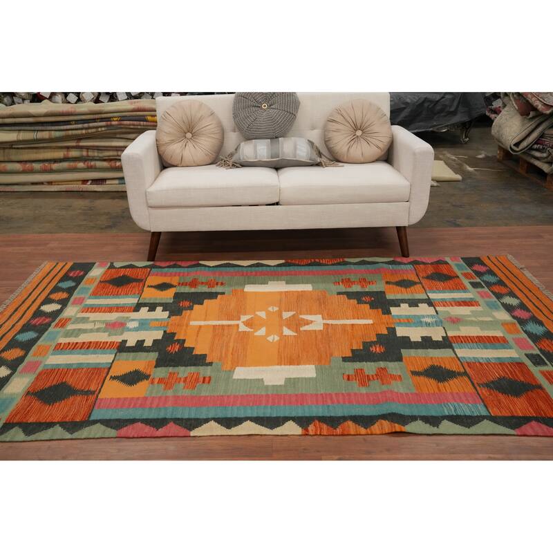 Hand Woven Oriental 100% Wool Carpet Southwestern Tribal Oranges & Rust Kilim Area Rug - 8' 5'' X 5' 0''