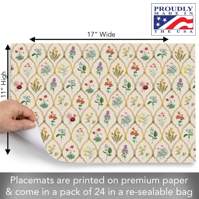 Wildflowers 24 Sheet Reusable Premium Paper Stock Placemats in Resealable Storage Bag Made in The USA 17" x 11"