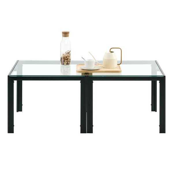 Coffee Table Set of 2, Square Modern Table with Tempered Glass