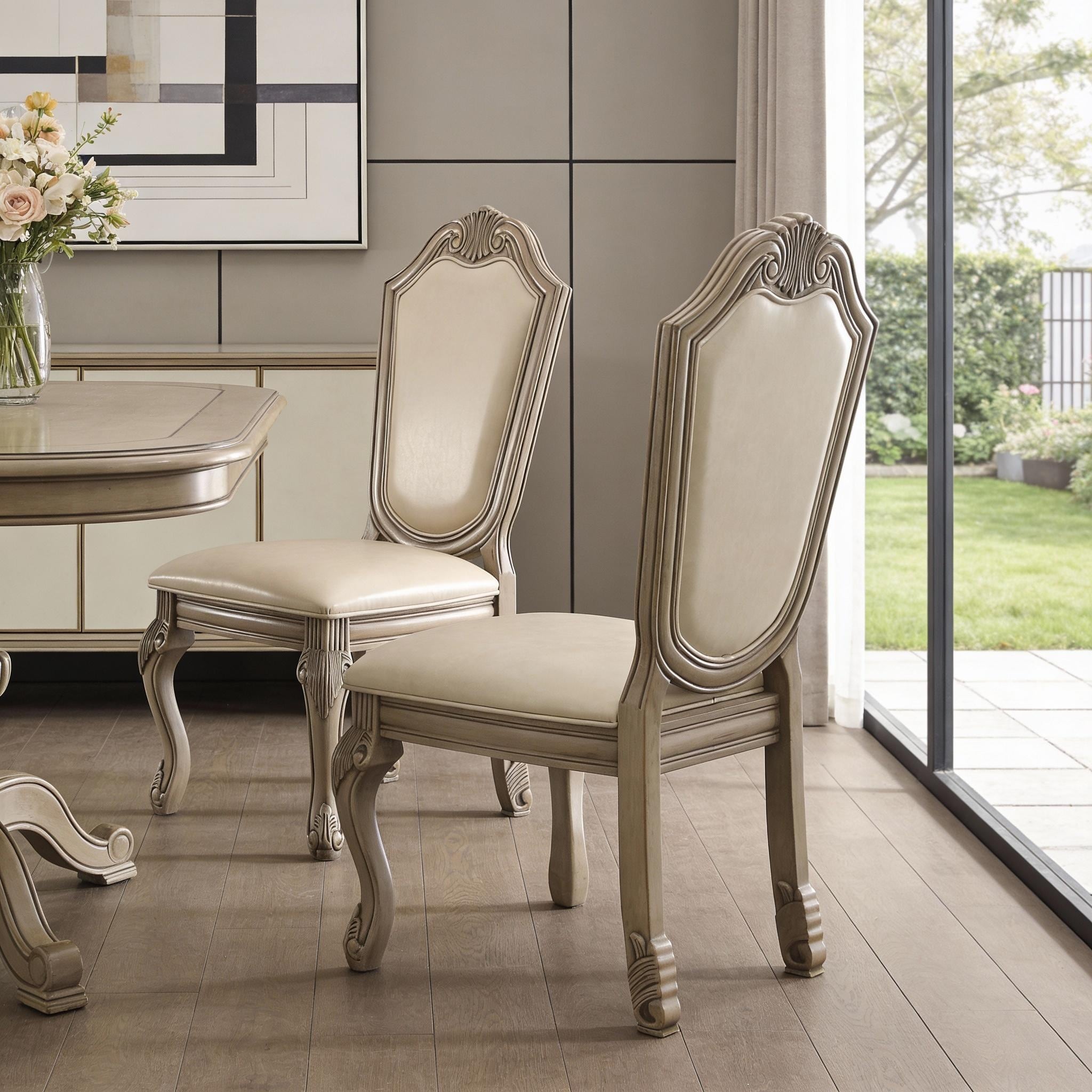 HomeRoots Set of Two Antiqued White Upholstered Faux Leather Dining Side Chairs - 23.00 in. x 45.00 in. x 29.00 in.