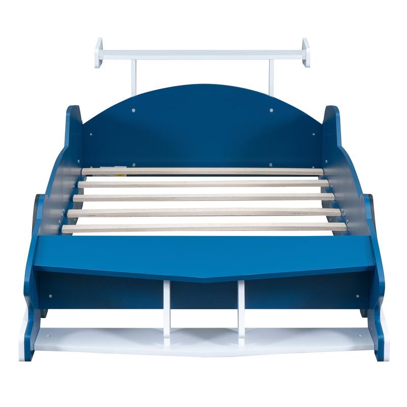 Twin Size Race Car-Shaped Platform Bed with Wheels, Blue