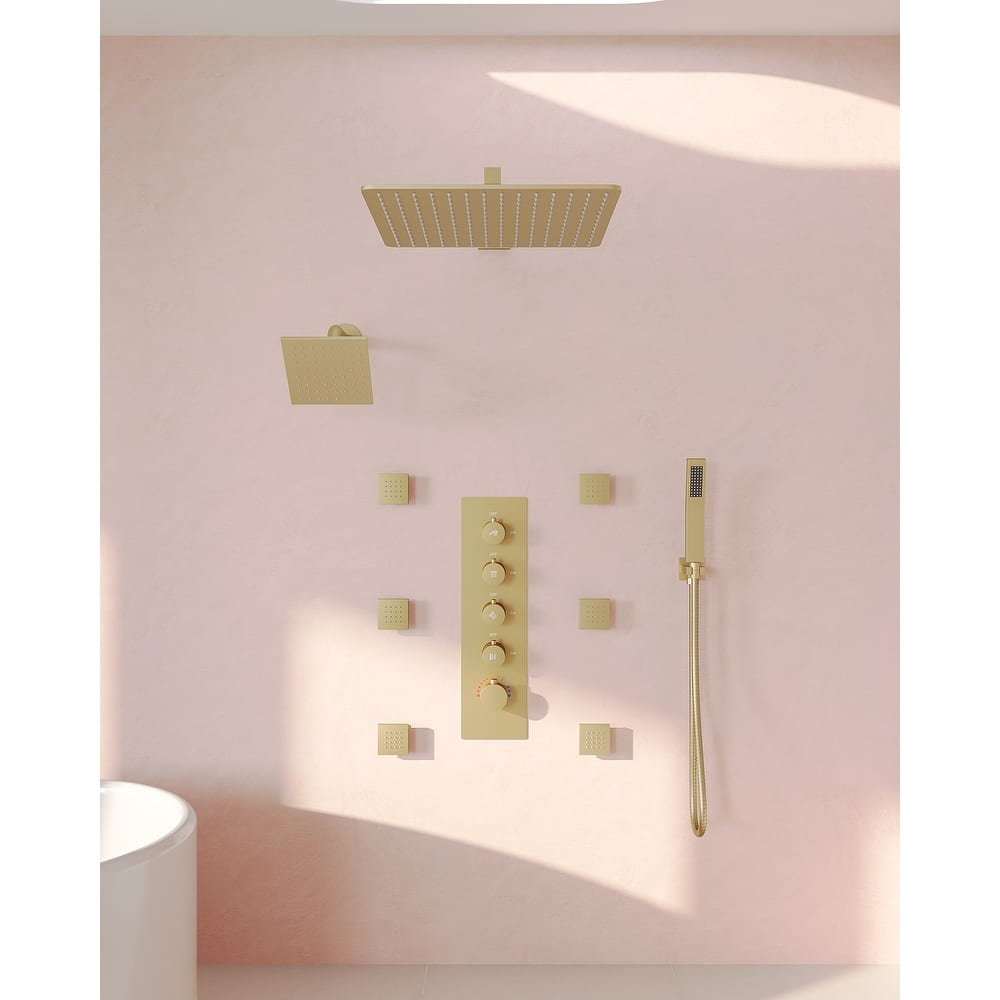 GRANDJOY Shower System Dual Shower Heads 16" and 6" Wall Mounted High Pressure Handheld Spray 6 Body Jets Thermostatic