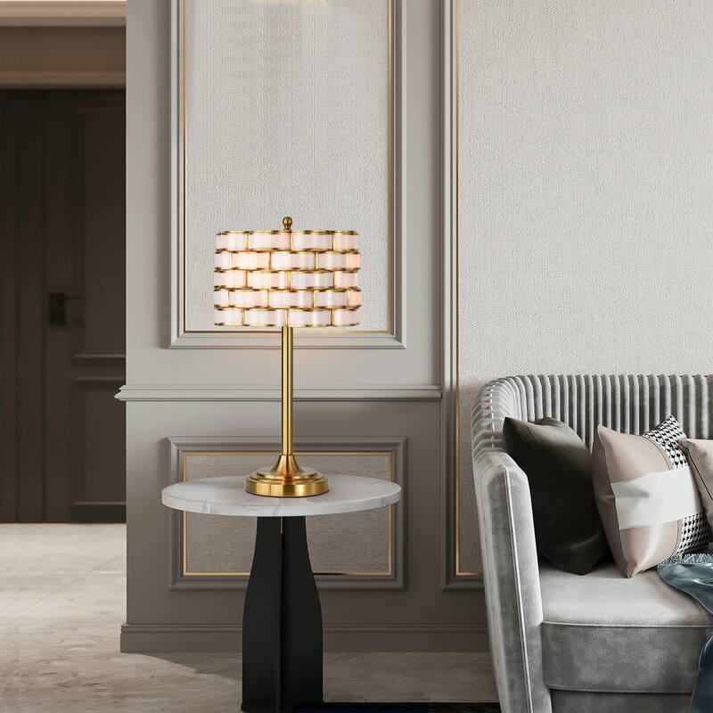 Weldin Brass Trimmed White Glass Weaved Ribbon Shade Table Lamp