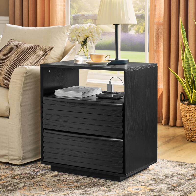 Mid Century Nightstand with Charging Station & 2 Drawers - Black
