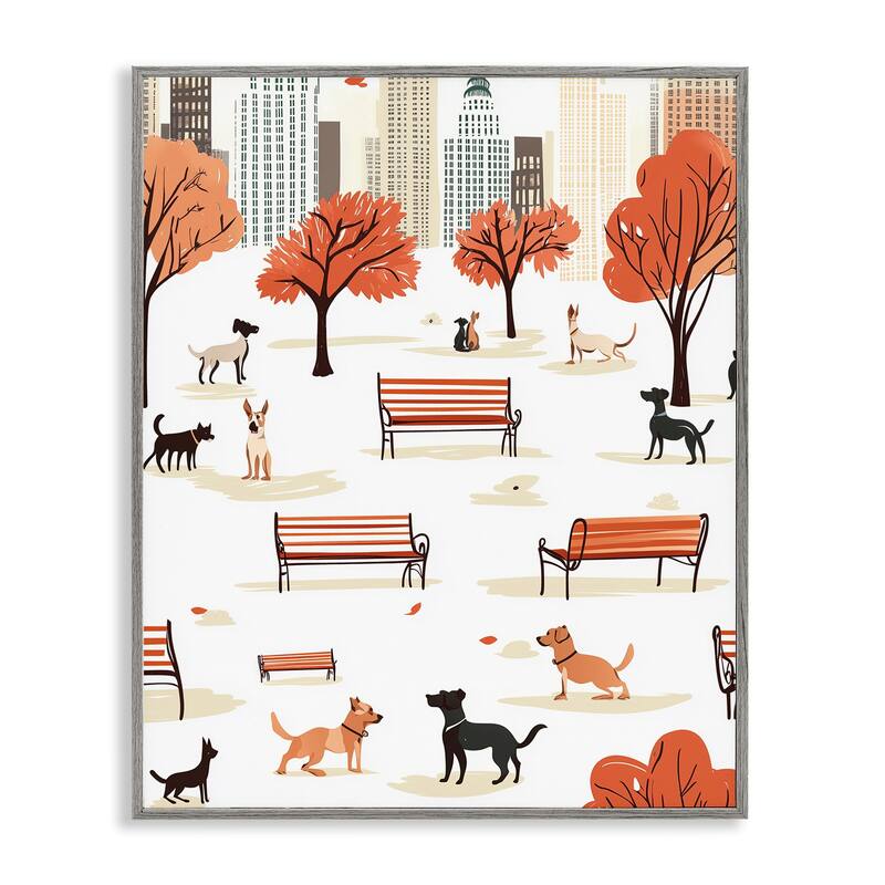 Stupell Autumn City Park Dogs Framed Giclee Art Design By Arlington Prints - 11 x 14 - Grey