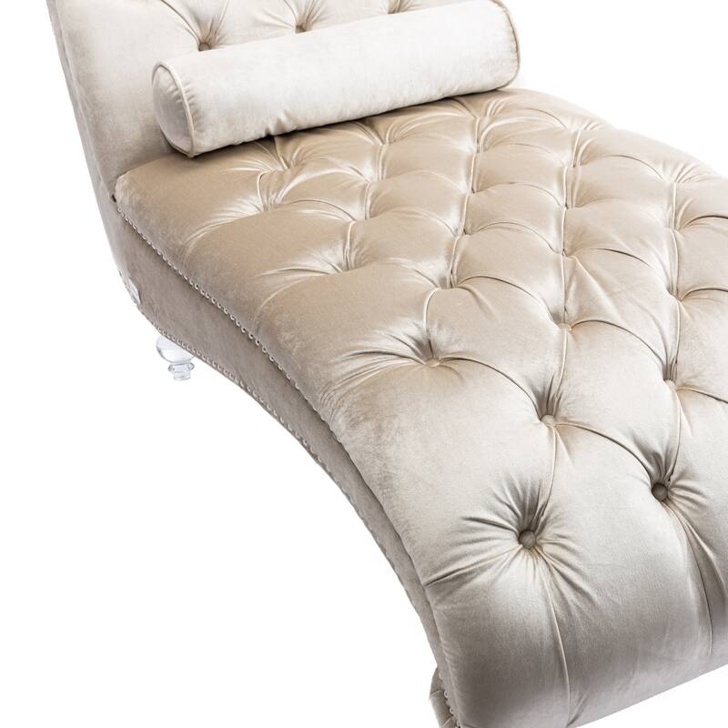 Velvet Tufted Chaise Lounge Chair Ergonomic S Shape Recliner with Pillow, Nailhead Trim and Acrylic Legs for Indoor Use