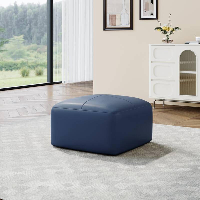 Elliot 22"/ 35"/ 43" W Modern Rectangular Genuine Leather Ottoman - Small:22.2"×22.2"×13.8" - Navy Blue