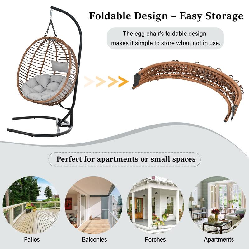Roomfitters Single Person Folding Egg Chair with Stand, UV Resistant Wicker Rattan Swing for Patio, Garden