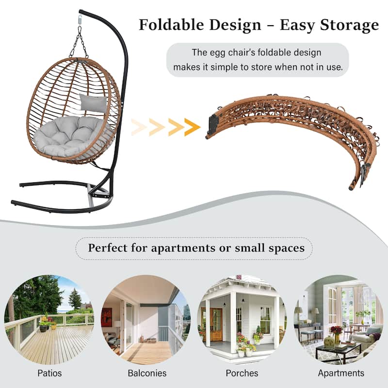 Single Person Folding Egg Chair with Stand, Hanging Egg Chair, Wicker Hammock Swing Chair with Adjustable Anti-Slip Feet