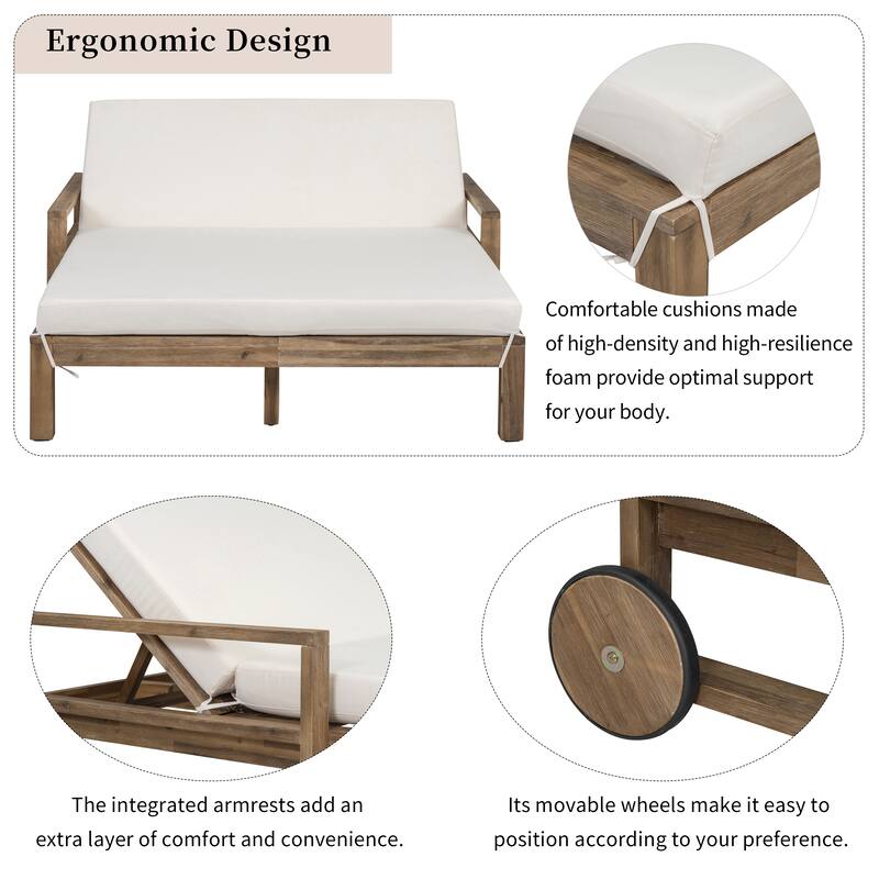 Outdoor Patio Solid Wood Double Daybed Sunbed with Adjustable Backrest and Wheels