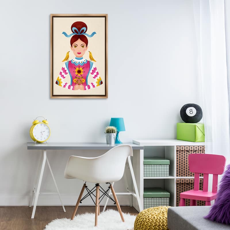 Stupell Brunette Girl with Birds Framed Floater Canvas Wall Art Design By Hannah Moren