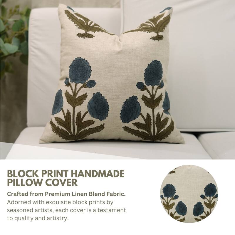 Fabdivine Hand Block Print Floral Pillow Cover Linen Cushion Case for Sofa Guest Room Fall Home Accent Gift, Shehjan