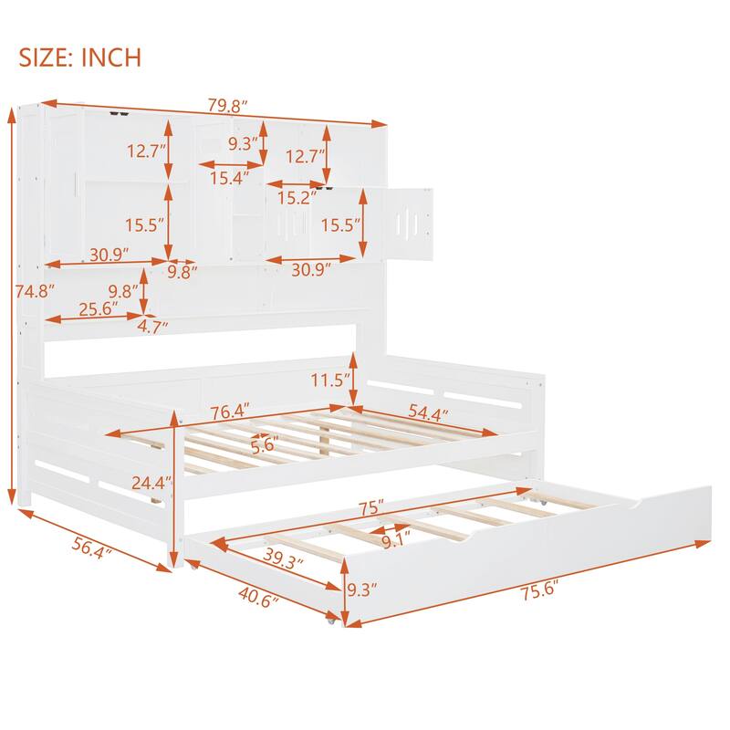Space-Saving Full Size Daybed with Twin Trundle, Wooden Platform Bed Frame with All-in-One Cabinet & Shelf, No Box Spring Needed