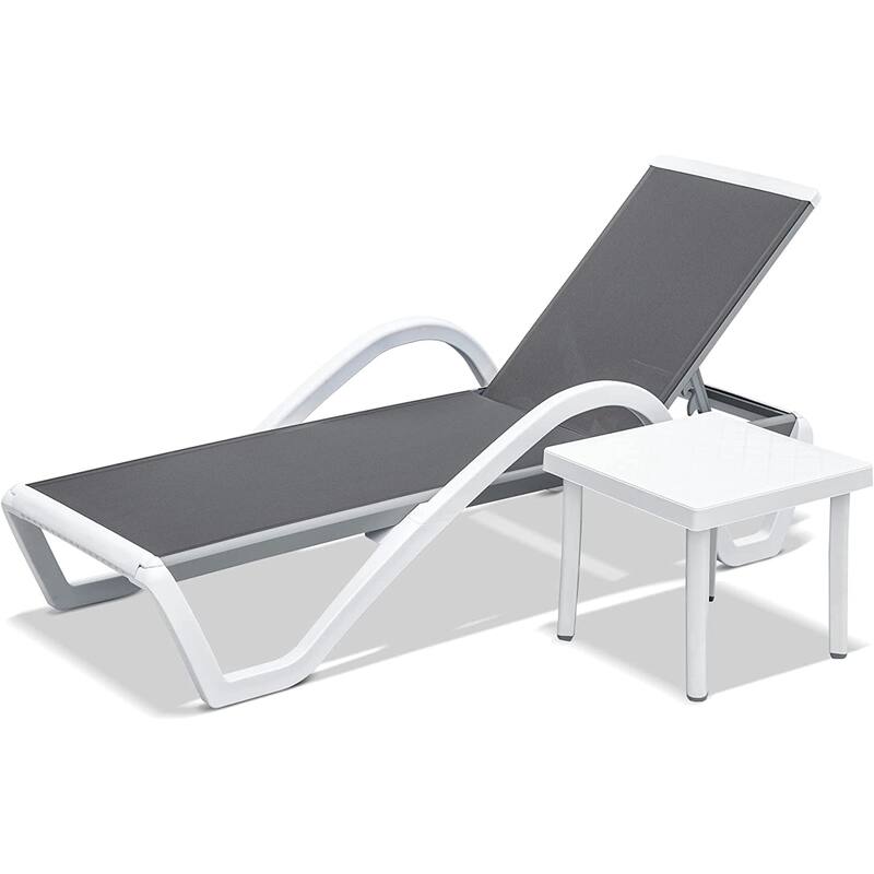 All Weather Outdoor Adjustable Chaise Lounge Set with Wheels and Side Table for Lawn Poolside Beach - Gray