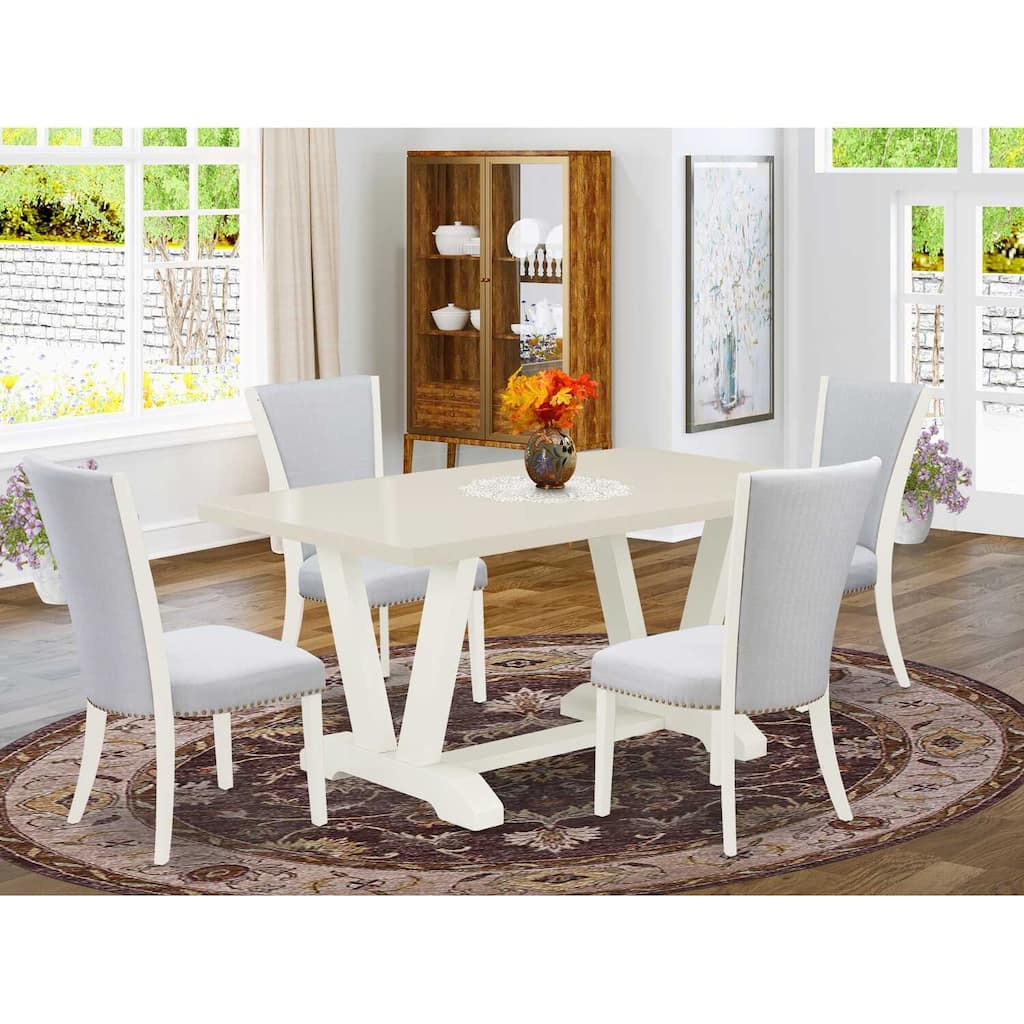 HomeStock 5-Piece Rectangle Natural Oak Finish Solid Wood Top Dining Table with 4 Upholstered Chairs