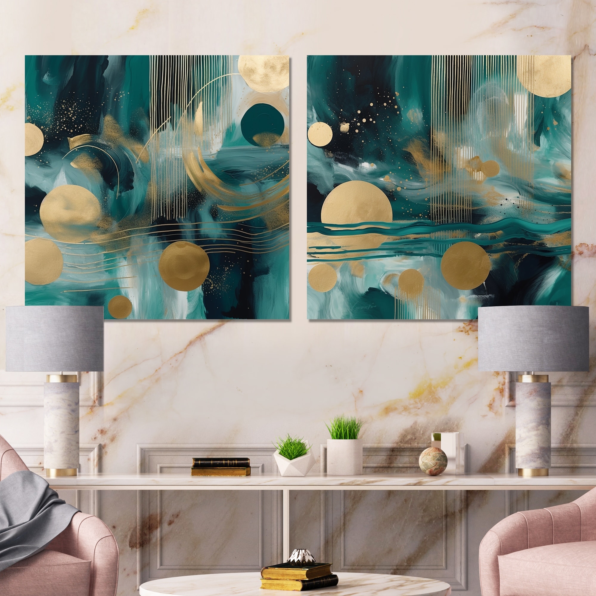 Designart "Vivid Emeral And Gold Contours Circles I" Abstract Shapes Metal Wall Art Set - Modern Gold Metal Art 2 Pieces