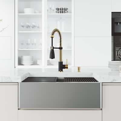 VIGO 33 in. Matte Stone TM Double Bowl Farmhouse Apron Front Kitchen Sink with Faucet in Matte Brushed Gold and Matte Black