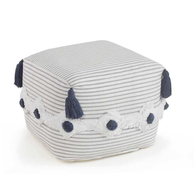 Striped Gray and Ivory Tufted Pouf