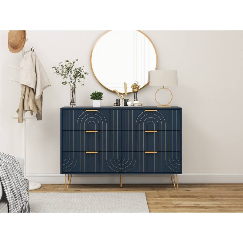 6 Drawer Dresser, Dresser with Metal Handles, Storage Chest of Drawer, Wide Dresser Drawer Organizers with Carving Design