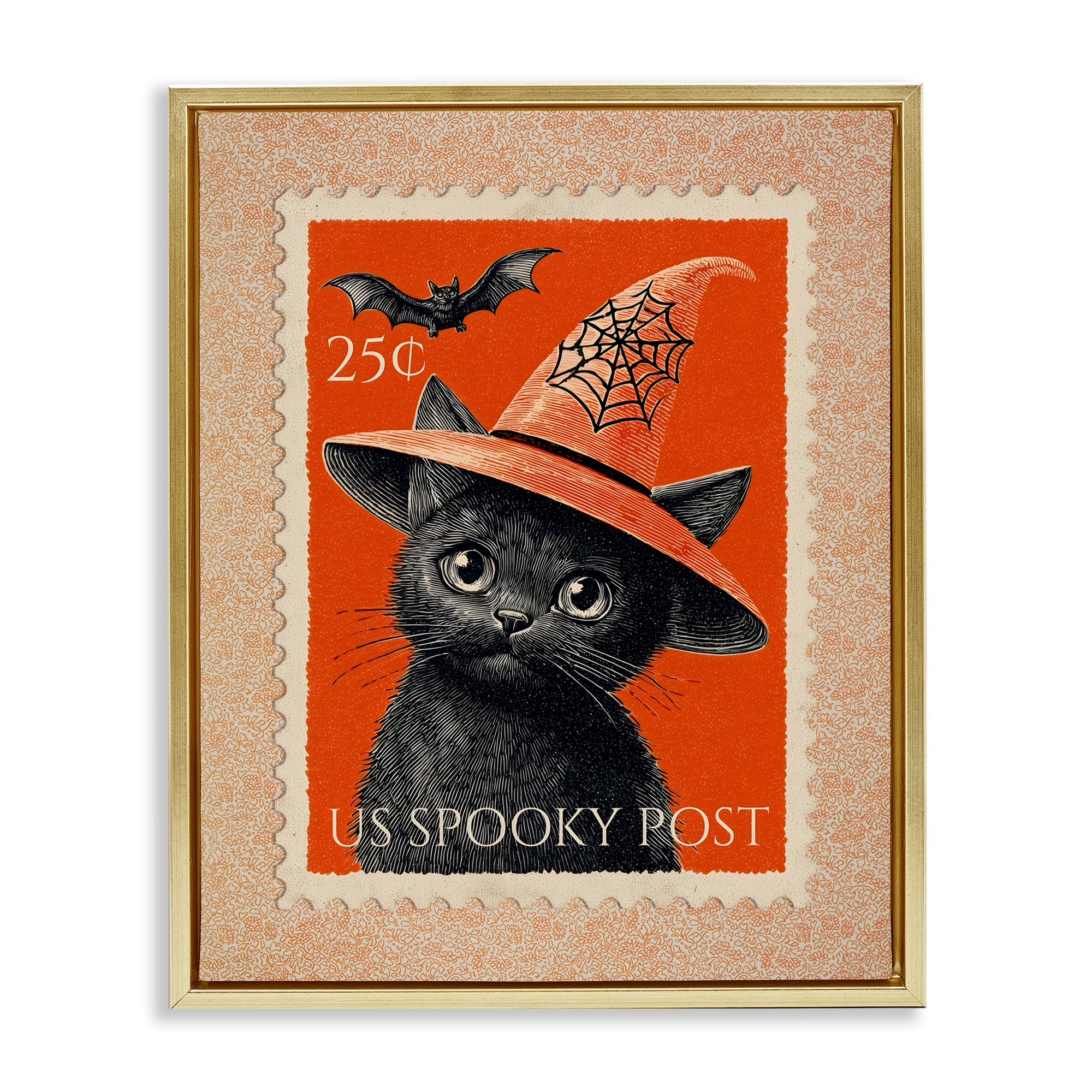 Stupell Vintage Black Cat Stamp Framed Floater Canvas Wall Art Design By Arlington Prints