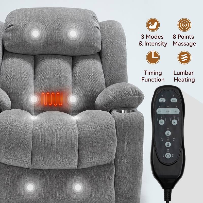 Roomfitters Heavy Duty Power Lift Recliner, Chenille Massage Chair with USB-C Charging and Stainless Cup Holders