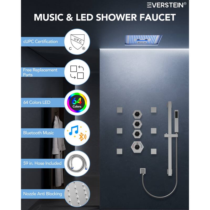 Shower Faucet System 16" Ceiling Mount Shower Head 3 Spray Modes Body Jets Handheld Spray with Slide Bar LED Music