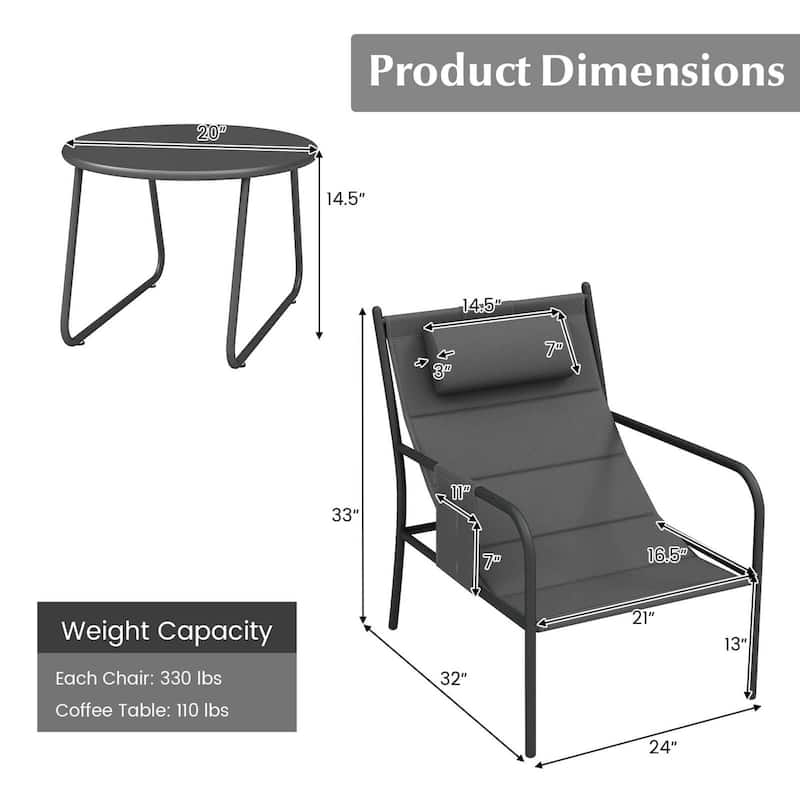 3PCS Patio Bistro Set Outdoor Set of 2 Metal Chairs w/Coffee Table