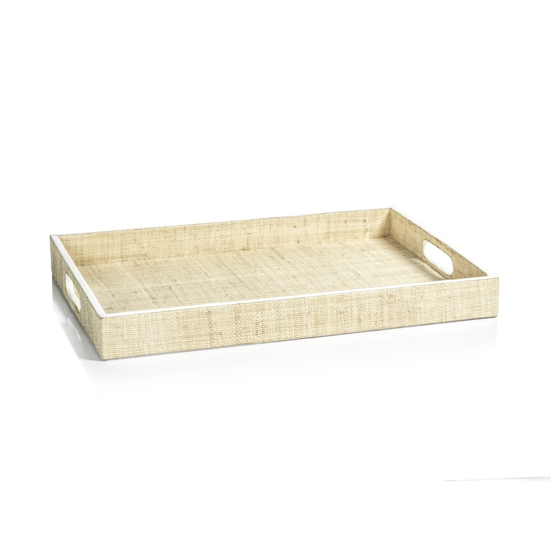 Reggio Natural Fiber Raffia Tray with Leather Trim - Large - White Leather Trim