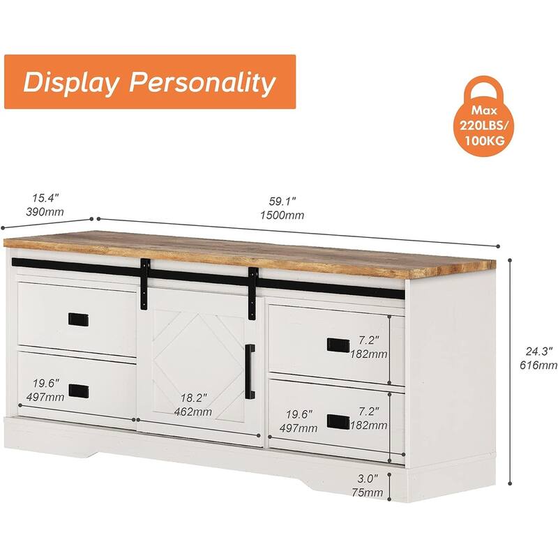 WAMPAT Farmhouse TV Stand with Sliding Barn Door for Living Room