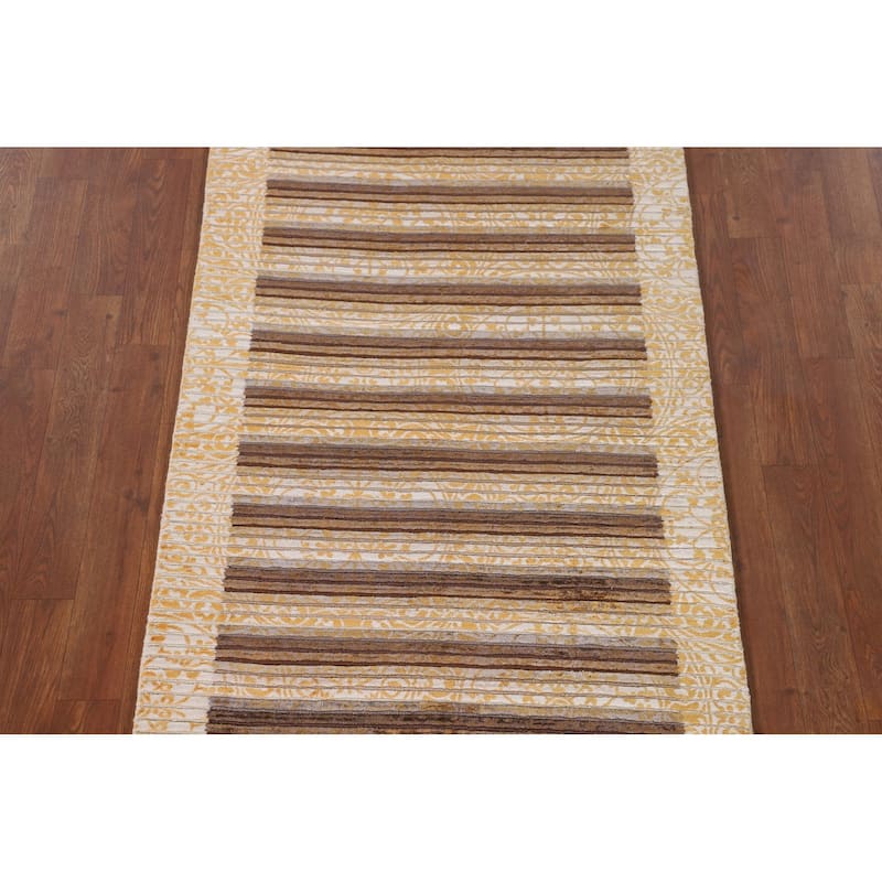 Striped Modern Abstract Accent Rug Handmade Yellow Wool Carpet - 2'9"x 4'10"