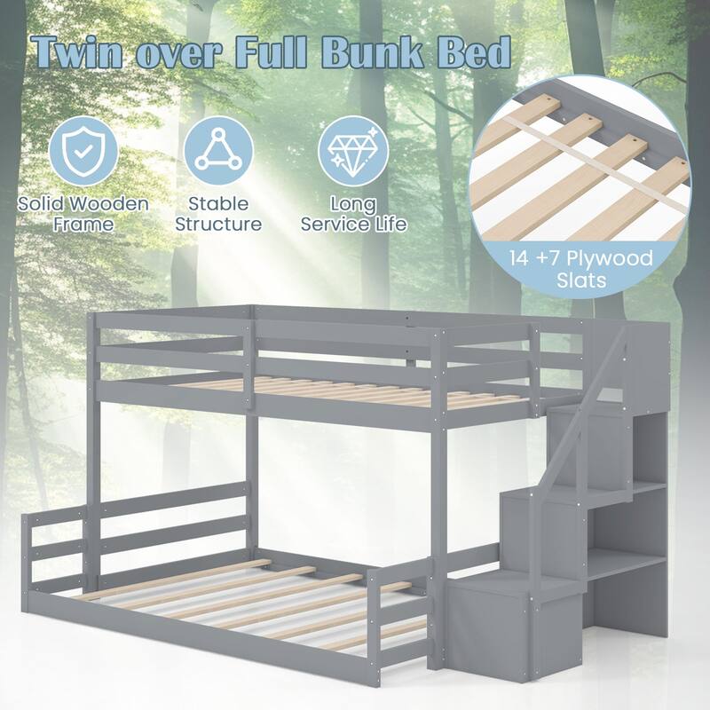 Gymax Twin Over Full Low Bunk Bed w/ Storage Stairs Full-length