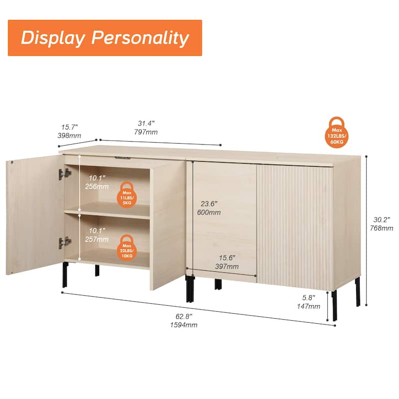 31.5" Wooden Reeded Sideboard With 2 Doors, Modern Credenza Storage Cabinet