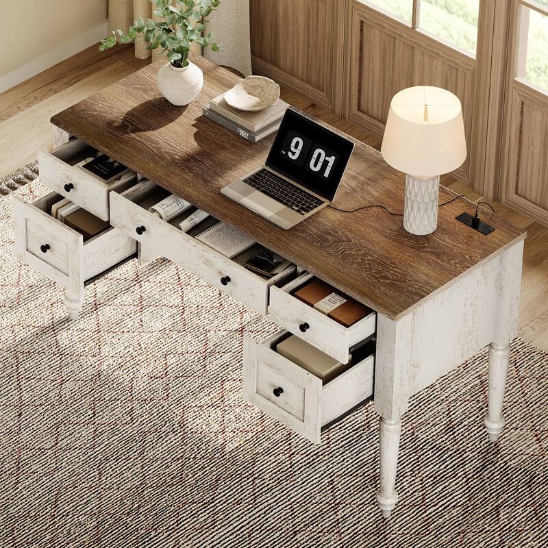 56'' Farmhouse Executive Desk with Drawers White/Oak - 5 Drawers and 2 Doors