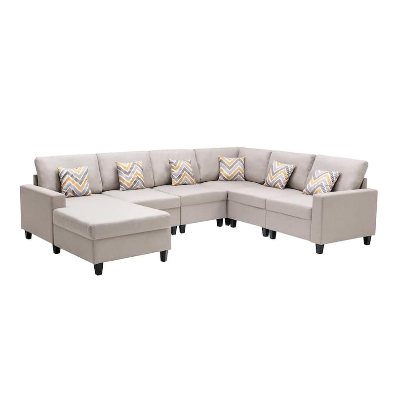 Linen Fabric 6 Piece Reversible Chaise Sectional Sofa with 6 Pillows and Interchangeable Legs