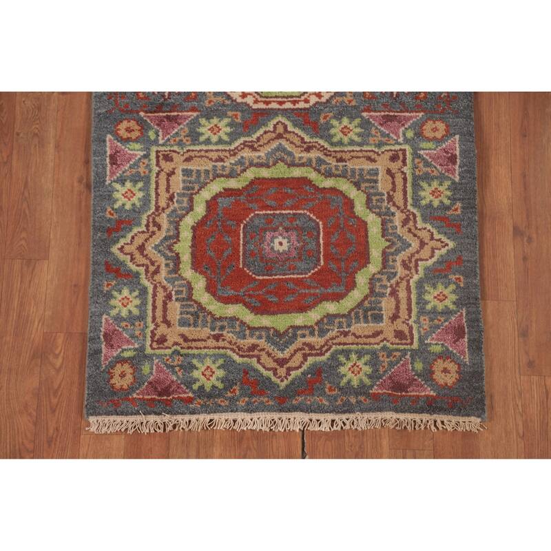 Geometric Grey Kazak Runner Rug Hand-Knotted Wool Carpet - 2'6"x 7'9"