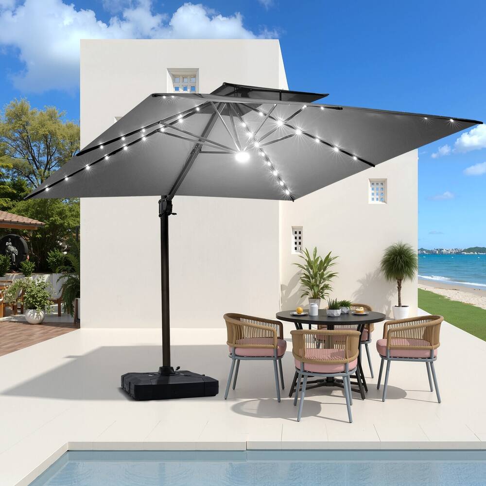 VredHom 9 x 11ft Outdoor Aluminum Dual Top Cantilever Patio Umbrella LED Light with Wheel Base