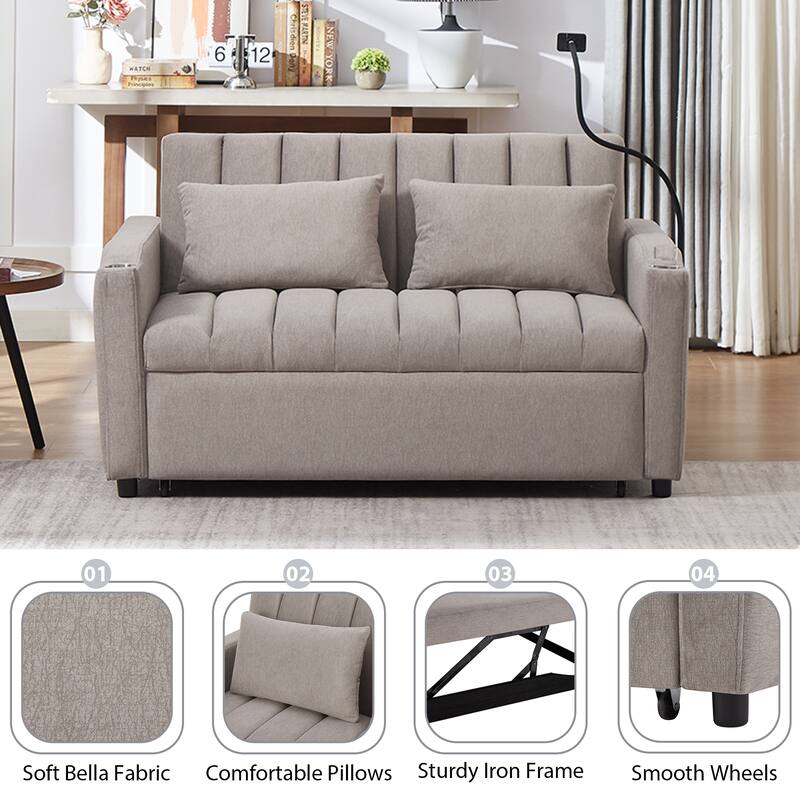 Convertible Sofa Bed with Three USB Ports, Two Side Pockets and 360°Swivel Phone Holder for Living Room