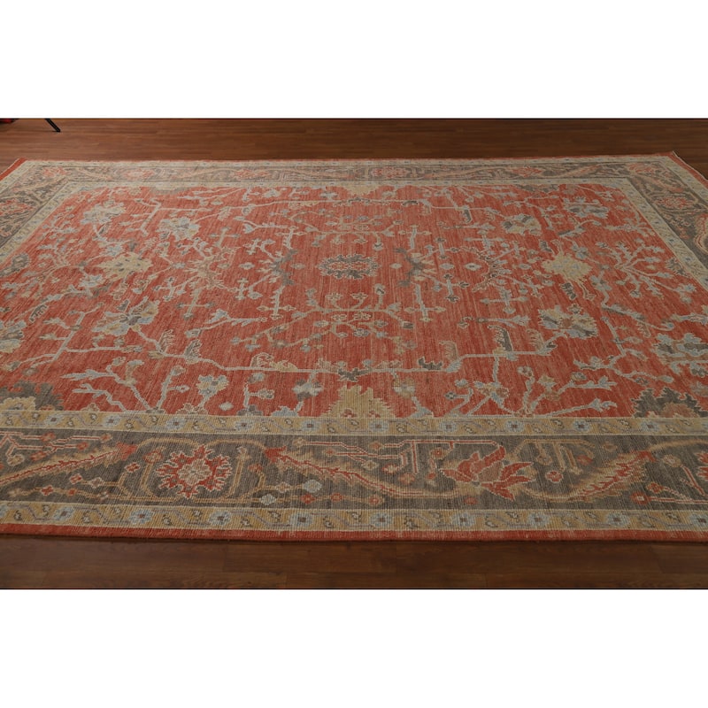 Hand Knotted Oriental 100% Wool Carpet Transitional All-Over Oranges & Rust Oushak Area Rug - 12' 7'' X 9' 0''