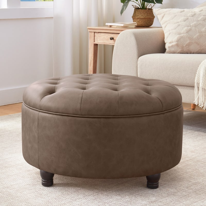 Tufted Round Storage Ottoman, Faux Leather - Brown