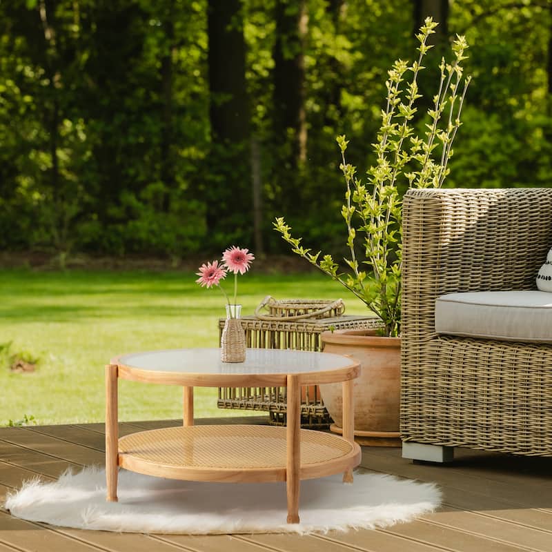 31.5in Rattan Coffee Table with Tempered Glass Top and Hand-Woven Shelf for Indoor Outdoor - 31.5” x 31.5” x 17.3”